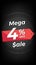 4 percent off. Black discount banner with four percent. Advertising for Mega Sale promotion