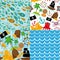 4 Seamless background set of pirate island colorful kids retro pattern