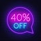 40 percent discount neon sign on brick wall background