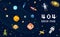404 error page. not found. space background, spaceman, robot rocket and satellite cubes solar system planets pixel art
