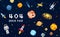 404 error page. not found. space background, spaceman, robot rocket and satellite cubes solar system planets pixel art