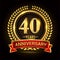 40th golden anniversary logo, with shiny ring and red ribbon, laurel wreath isolated on black background, vector design