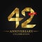 42nd anniversary years celebration logotype. Logo ribbon gold number and red ribbon on black background.