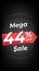 44 percent off. Black discount banner with forty-four percent. Advertising for Mega Sale promotion