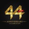 44th anniversary years celebration logotype. Logo ribbon gold number and red ribbon on black background.