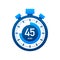 The 45 minutes, stopwatch vector icon. Stopwatch icon in flat style, timer on on color background. Vector illustration