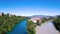 4K Aerial footage of Rhone river in Geneva city in Switzerland -UHD