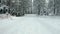 4k Aerial shot following tire tracks on a snowy road surrounded by trees