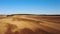 4K. Aerial view of agriculture process: tractor plows and makes seeding, sowing agricultural crops at field