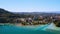 4K Aerial view of Annecy lake waterfront low tide level due to the drought - France