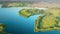 4K Aerial View Of Lakes Rivers Islands And Countryside Landscape. Morning Clouds Above Lepel Lake. Lyepyel District