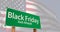 4k Black Friday Green Road Sign Over Ghosted American Flag