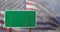 4k Blank Green Road Sign Over Ghosted American Flag and Time-lapse Clouds