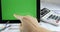 4k Businessman working on tablet & hand finger touch ipad green screen.