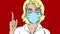 4k cartoon. Young woman in a medical mask raises a finger. Illustration for medicine, prevention coronavirus and other.