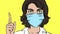 4k cartoon. Young woman in a medical mask raises a finger. Illustration for medicine, prevention coronavirus and other.