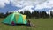 4K Child Playing Tablet at Camping in Mountains, Girl Using PC Outdoor by Tent