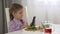 4K Child Playing Tablet, Eating Eggs, Green Salad, Lettuce, Girl Eats Breakfast