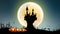 4K Dark abstract background Halloween Animation moving Full moon with ghost bat devil hands tree element with copy space with grai