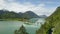 4K Drone Amazing bridge over accumulation lake Sylvenstein, upper Bavaria. Aerial view. May, Germany