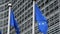 4K. European Union flags waving in front of Berlaymont Building, Brussels