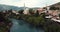 4K Footage Aerial View to the Old Bridge Stari Most in Mostar via the river Neretva