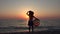 4K Girl Silhouette on Beach at Sunset, Little Girl Looking Sunrise on Coastline