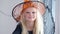 4k. Halloween kids. Portrait blonde girl in witch costume at home. Ready for the holiday