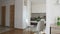 4K. Interior of modern apartment in scandinavian style with kitchen and workplace. Motion panoramic view