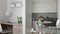 4K. Interior of modern apartment in scandinavian style with kitchen and workplace. Motion panoramic view