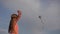 4K Kid Playing Kite on Meadow, Little Girl Flying a Dragon in Sky, Child Have Fun Outdoor