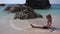 4K Kid Playing in Sand on Beach, Child Plays in Waves on Seashore, Girl Building Castle Bay on Coastline