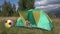 4K Kid Playing Tablet, Child at Tent, Girl in Camping in Mountains, Children Outdoor in Nature