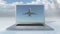 4k Laptop play video of airplane take of,flying over head,blue sky background.