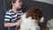 4k. little boy embracing Small Australian shepherd puppy dog on couch