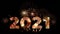 4K. loop seamless of firework of year 2021 greeting during new year eve countdown celebration, real golden and heart shape