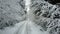 4K. Low flight over countryside road in frozen winter forest between branches. Aerial panoramic view