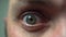 4K macro human eye. Weird look. Tired, bloody eye.