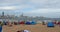 4k many people at crowded sandy beach.People swimming in sea,QingDao,China.