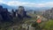 4K. Meteora rocks, Greece. Panoramic view to valley of Thessaly with monasteries on cliff