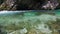 4K. Panoramic view of Radovna river, wich flows in Vintgar Gorge. Clean blue water and green forest. Triglav National Park.