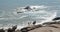 4k people see sparkling ocean sea choppy roaring waves on rocks.coastal coast.