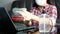 4K. people washing hand by hand sanitizer alcohol gel for cleaning and disinfection, before typing on keyboard for working.