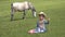 4K Portrait Farmer Cowboy Girl Smiling in Camera, Child Playing with Animals