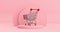 4k Resolution Video: Shopping Cart Trolley Rotating over Pink Cylinders Products Stage Pedestal on a pink background loop animatio