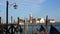 4K. San Giorgio Maggiore seen from San Marco, Venice. Gondolas and boats in sea.