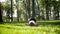 4k slow motion footage of mid aged smiling woman practicing yoga in the public park at sunny summer day. Concept of body