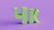 4k subscribers. The number four thousand is a light green 3D inscription on a purple background. 3d rendering