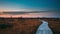 4K Swamp Nature Landscape. Sunset Time Lapse Time-Lapse Wooden Hiking Trail Winding Through Marsh. Cognitive Boardwalk