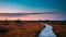 4K Swamp Nature Landscape. Sunset Time Lapse Time-Lapse Wooden Hiking Trail Winding Through Marsh. Cognitive Boardwalk